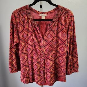 Lucky Brand Knit 3/4 Sleeve Top Yoke Front Geometric Blouse Women's Small S Red.